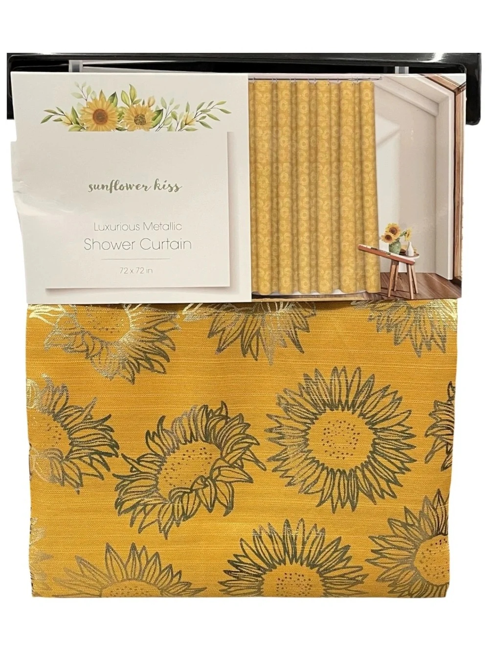 Sunflower Kiss Shower Curtain Autumn Yellow Metallic Gold Floral 72 x 72 NEW NWT